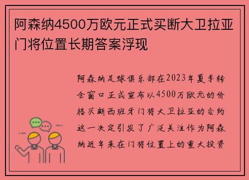 阿森纳4500万欧元正式买断大卫拉亚门将位置长期答案浮现